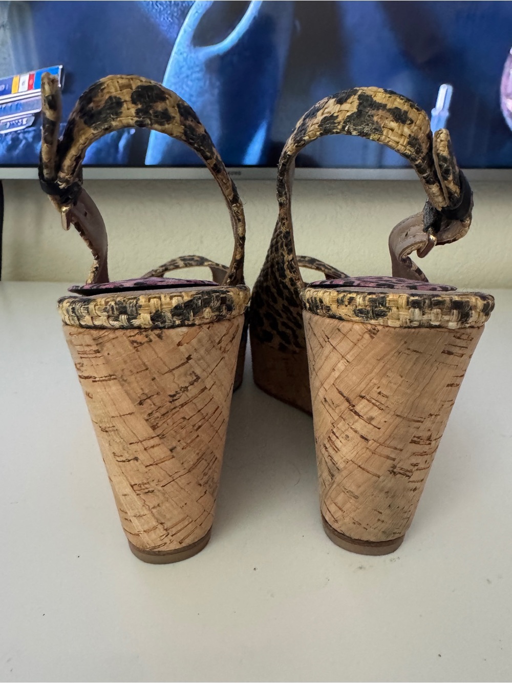 Stuart Weitzman Leopard Print Cork Wedges in Tan and Black - Picture 3 of 3